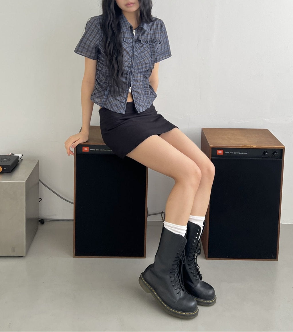 ASKHAKI Check Ruffle Double Zip Cropped Short Sleeve Shirt