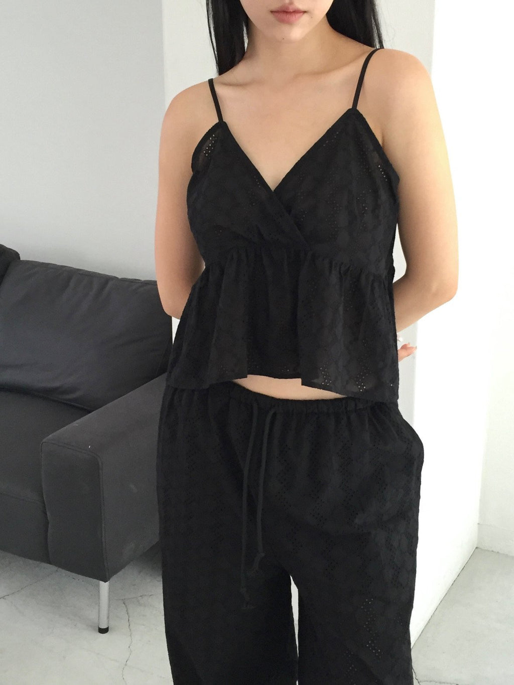 Lovemoment Eyelet Lace V-Neck Spaghetti Strap Tank Top (+Optional Pants)