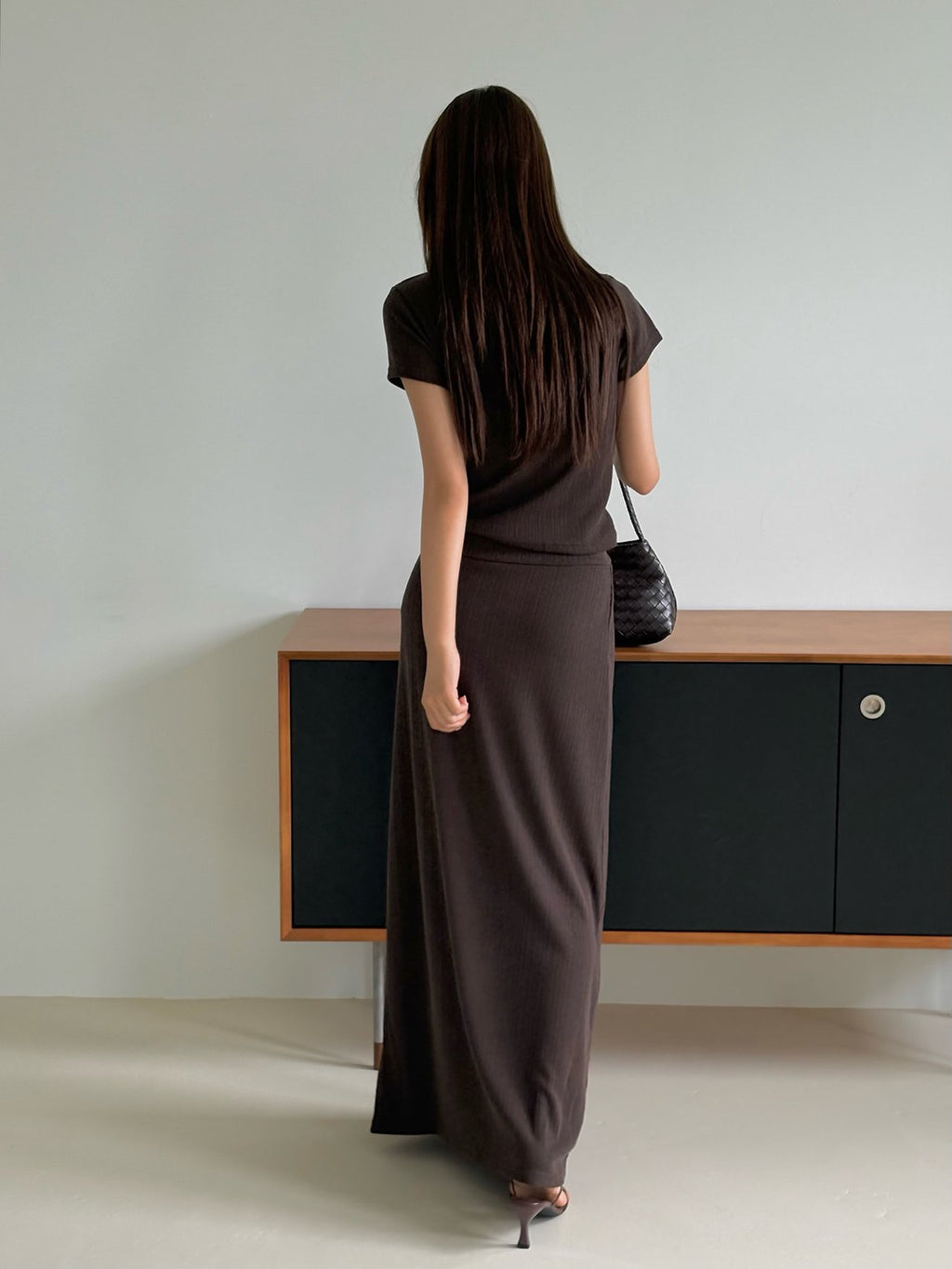 Navy pleated maxi skirt with drawstring waist