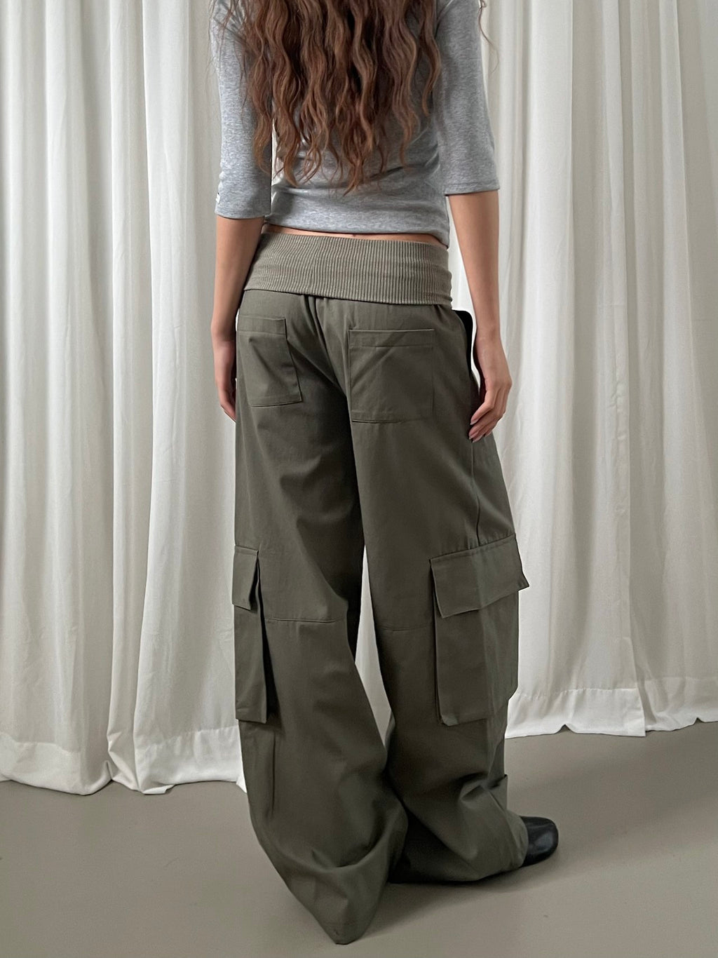 Rib Waistband Wide Leg Cargo Pants