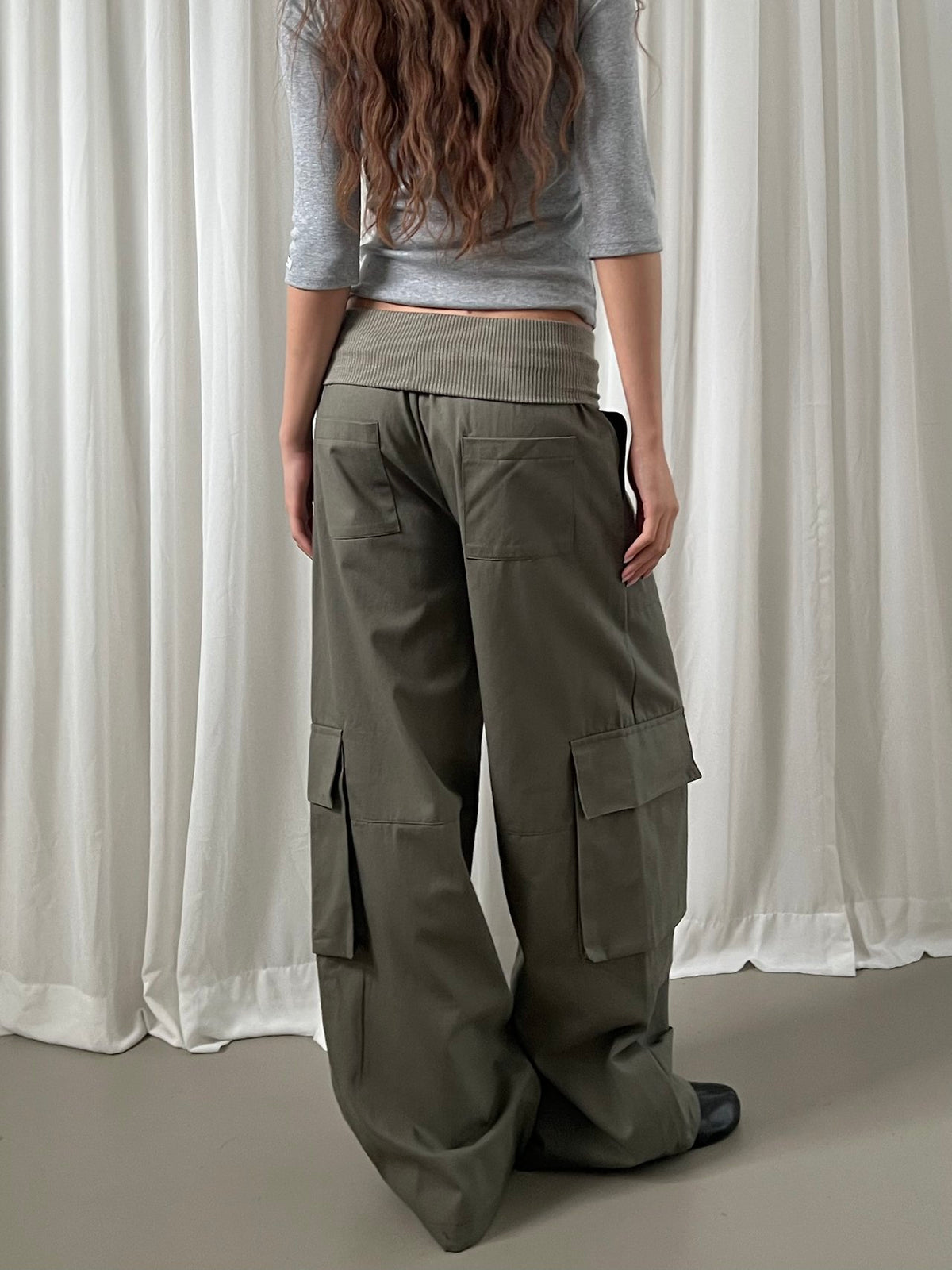 Rib Waistband Wide Leg Cargo Pants