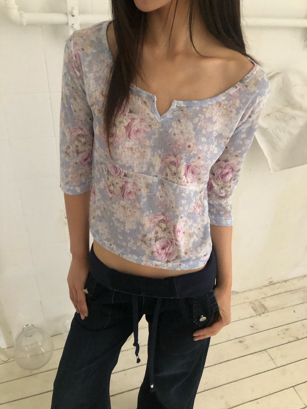 NueFlash Floral Print Notch Neck Three-Quarter Sleeve Crop Top