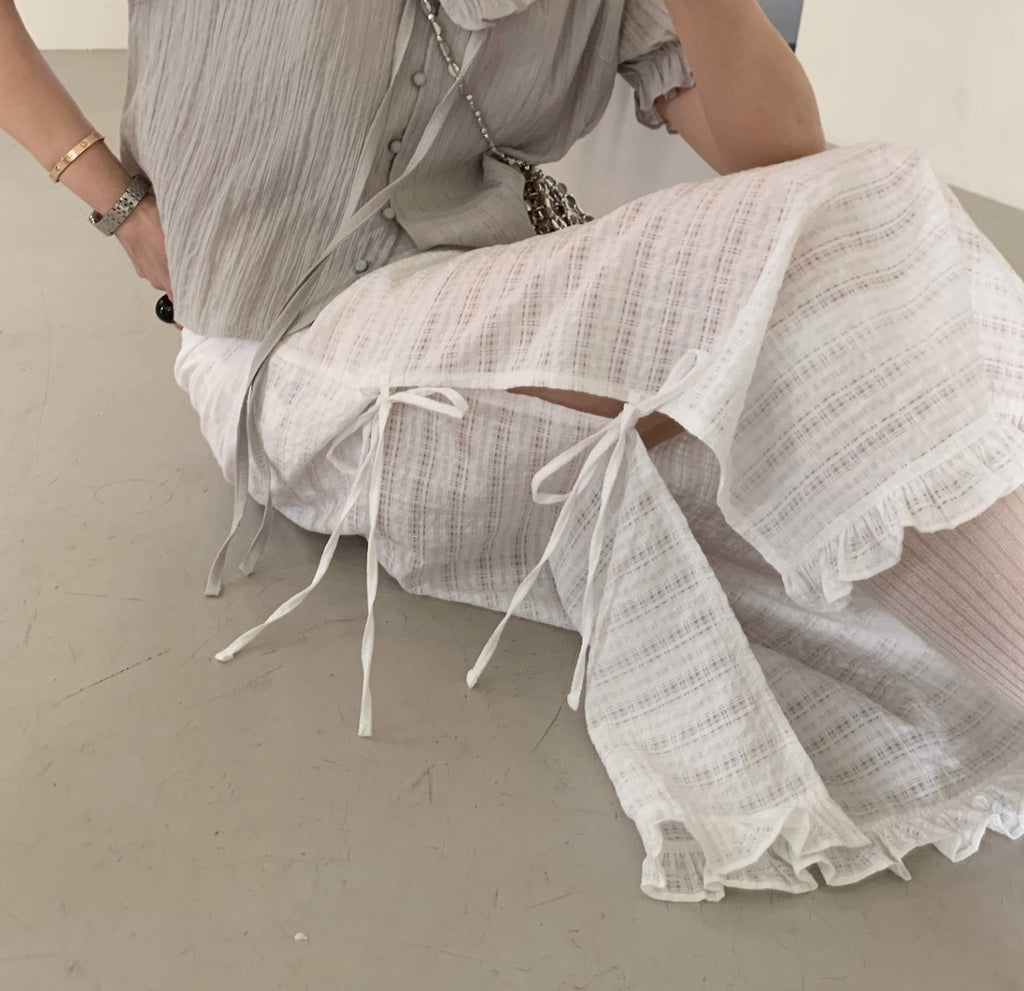 Bysugar Crinkle Texture Midi Skirt — Side Tie Slit with Ruffle Hem