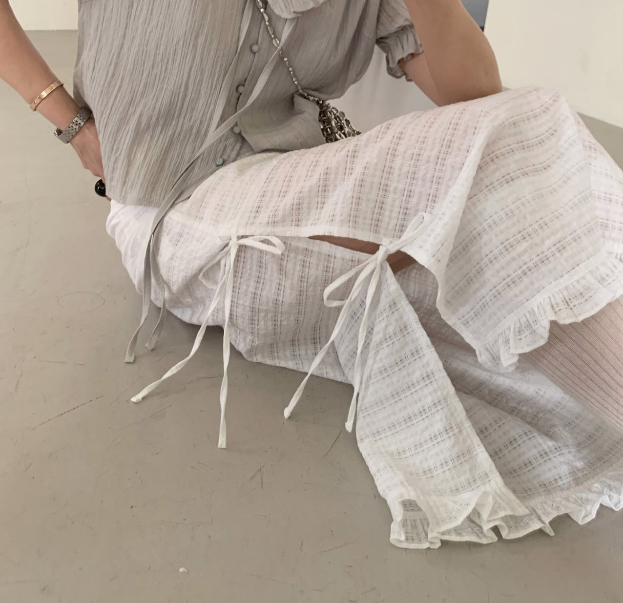 Bysugar Crinkle Texture Midi Skirt — Side Tie Slit with Ruffle Hem