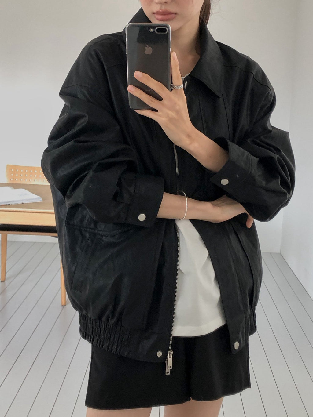 Oversized Wide Collar Faux Leather Blouson Jacket