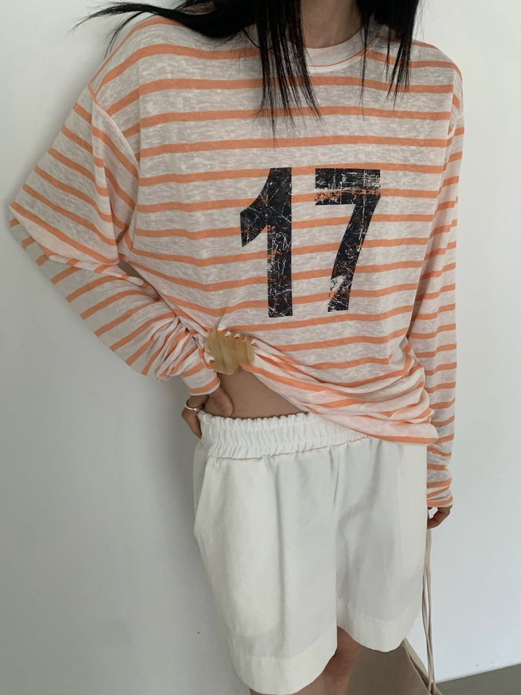 VAARA Number 17 Stripe Oversized Crew Neck Long Sleeve T-Shirt