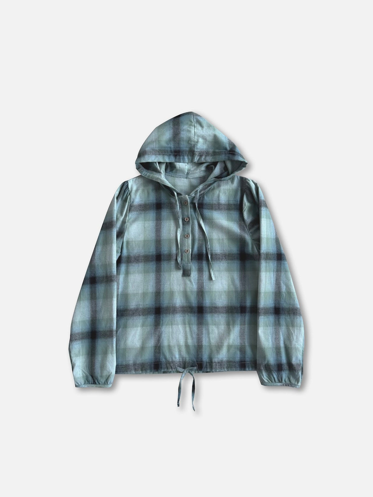Check Pullover Hooded Shirt with Drawstring Hem