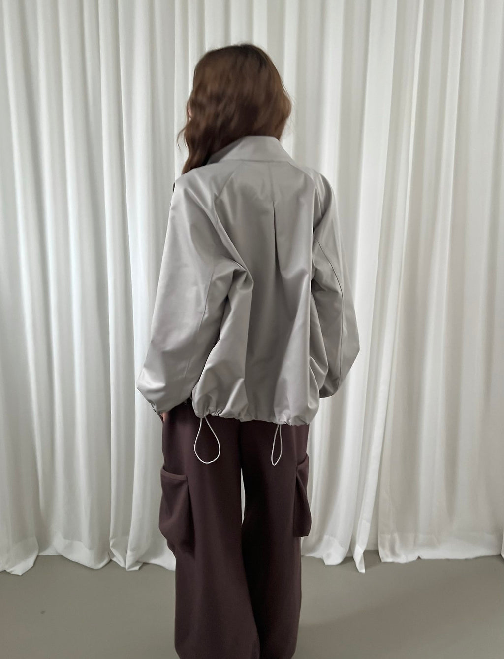 Stand Collar Full Zip Cropped Jacket with Pleated Panel Detail