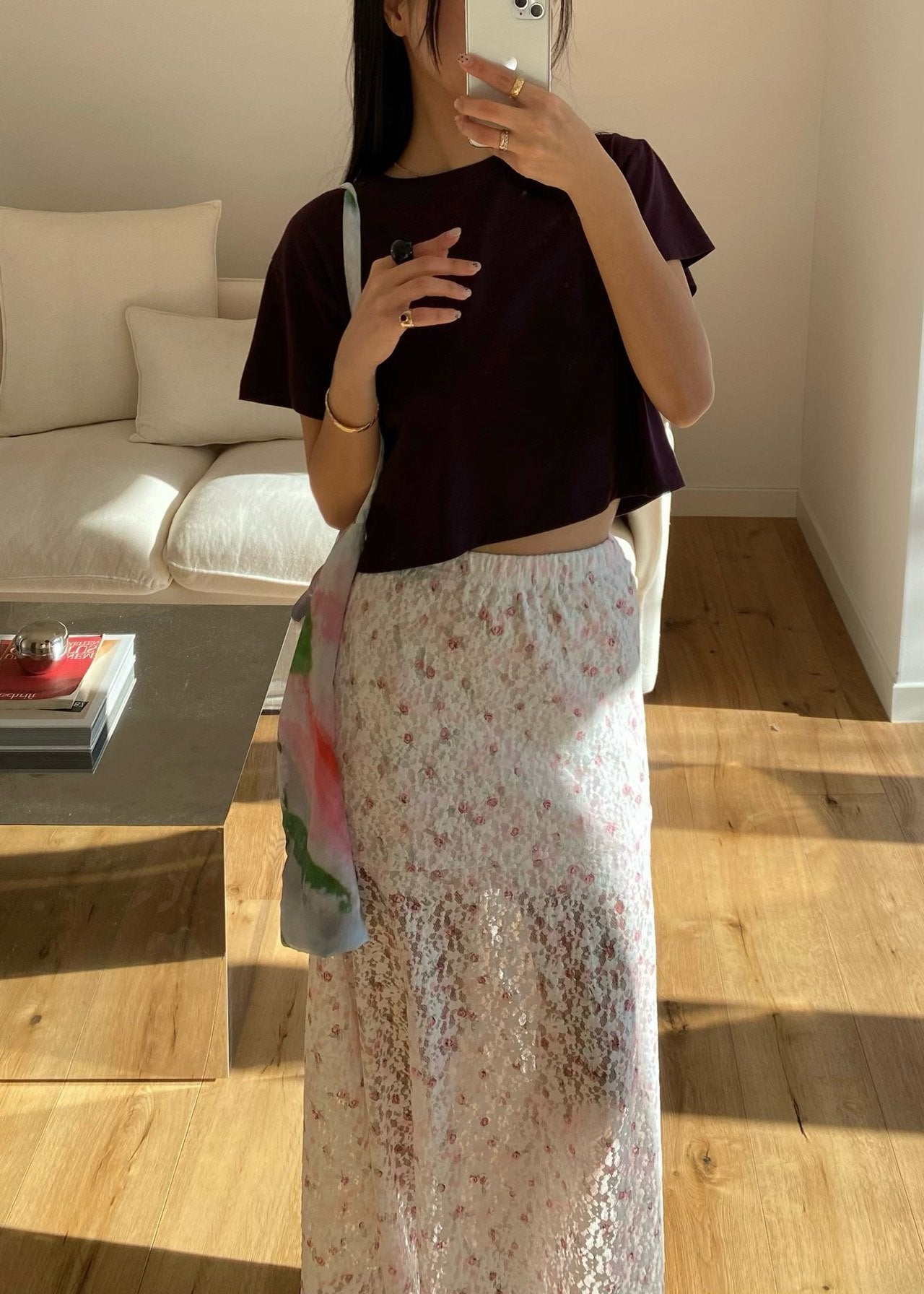 OUPPT Floral Lace Elastic Waist Maxi Skirt with Flared Hem