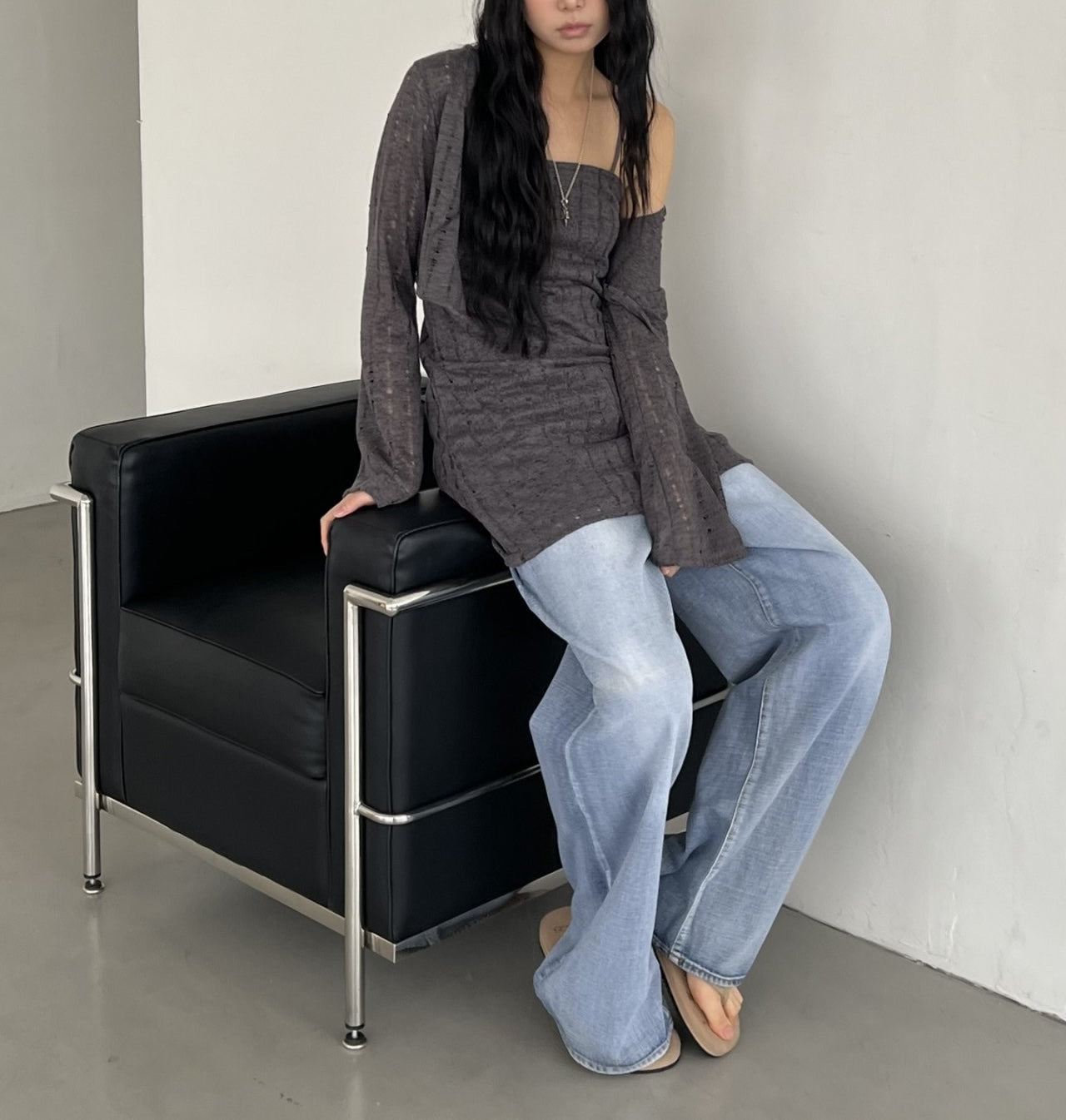 ASKHAKI Hole Knit Open-Front Cardigan & Square Neck Mini Dress Set