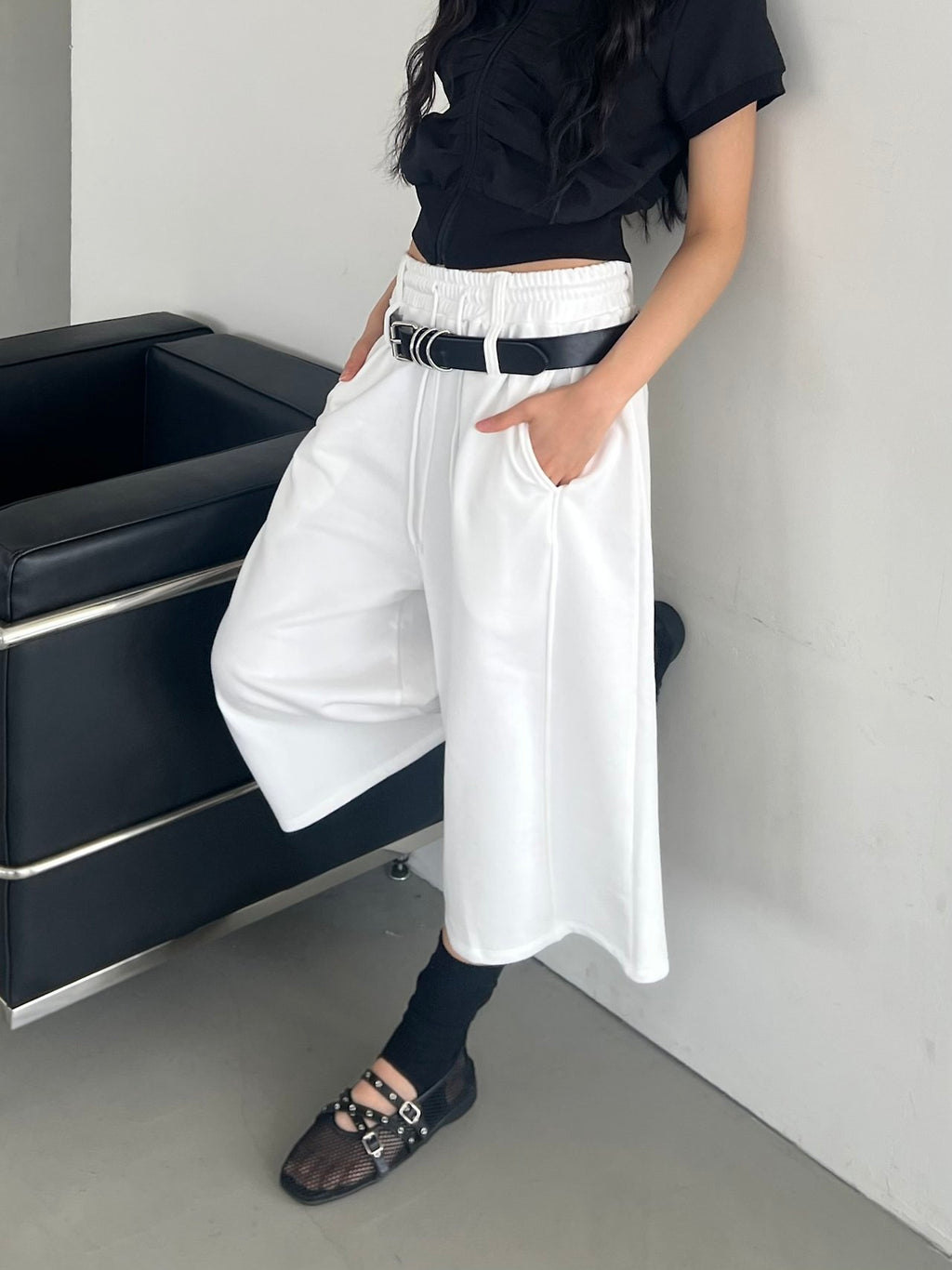 ASKHAKI Double Belt Wide Leg Bermuda Shorts