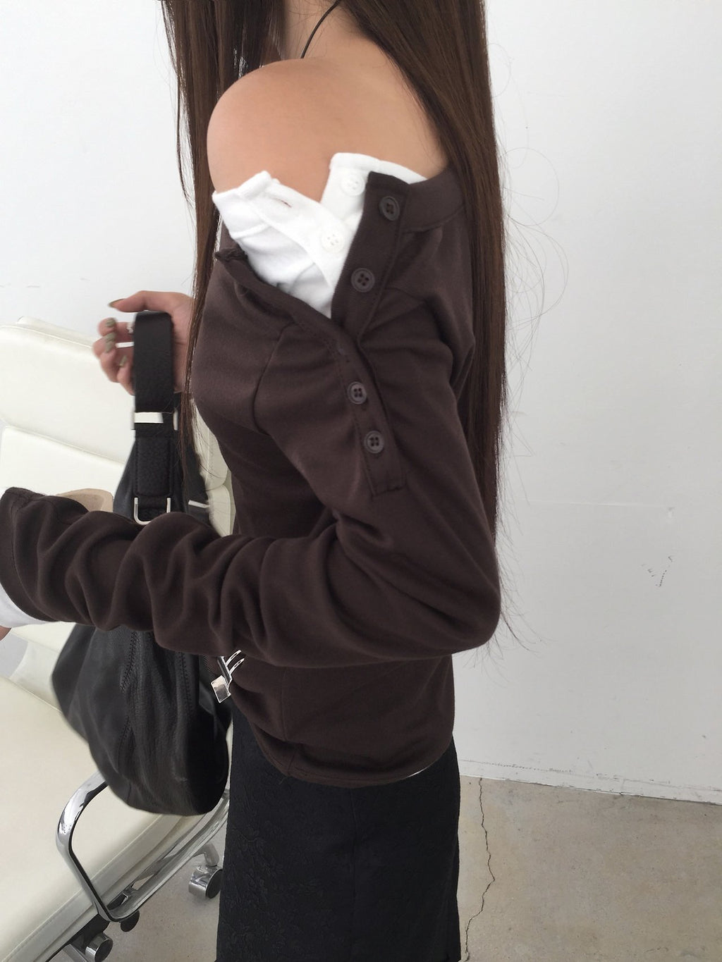 Off-Shoulder Button Long Sleeve Top