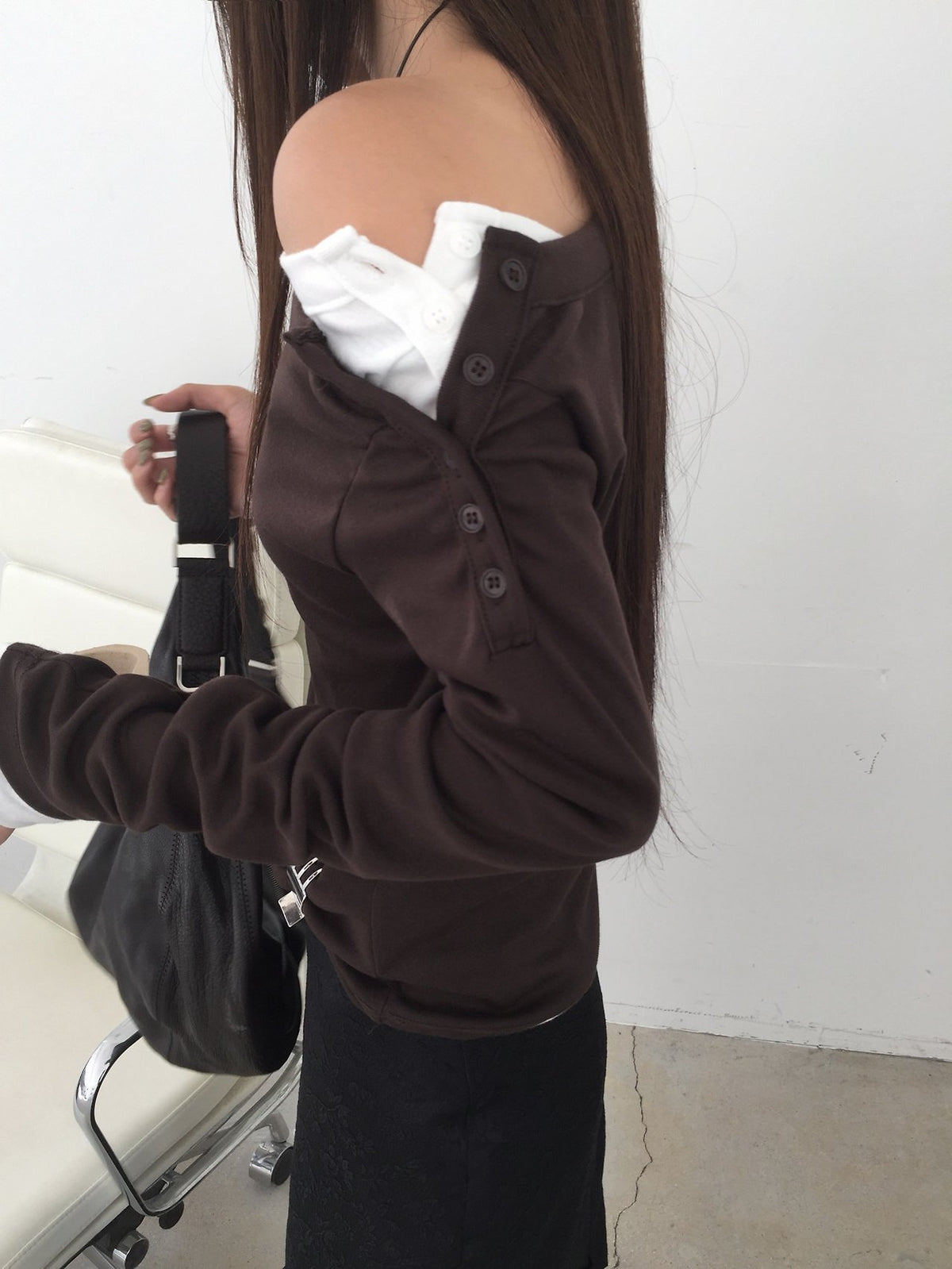 Off-Shoulder Button Long Sleeve Top