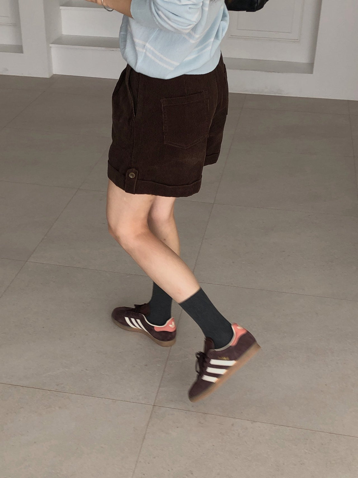 High Waist Pleated Roll-Up Corduroy Shorts