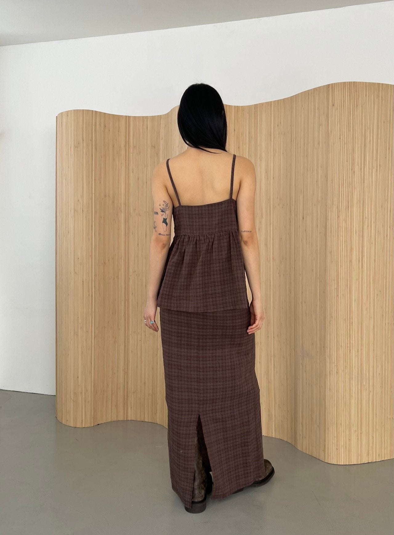 ASKHAKI Check Texture Spaghetti Strap Blouse and Maxi Skirt Set
