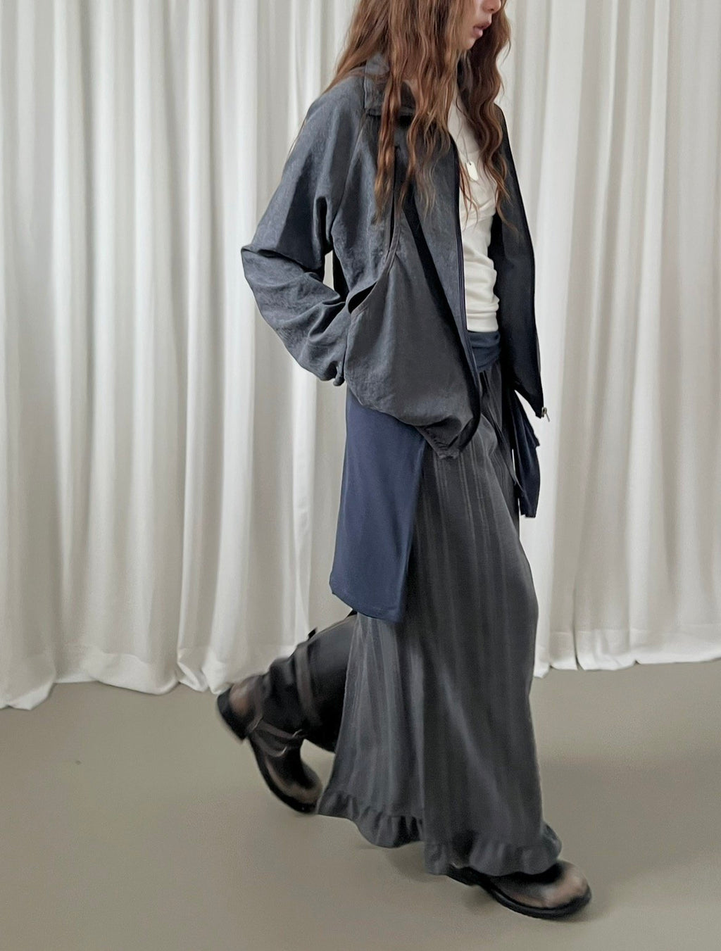 Pinstripe Maxi Skirt with Contrast Waist Band and Ruffle Hem