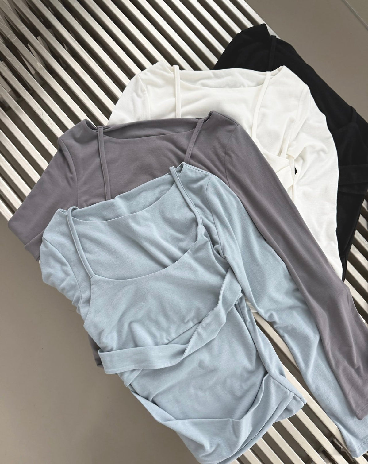 Layered Look Long Sleeve Top with Ruched Strap Detail