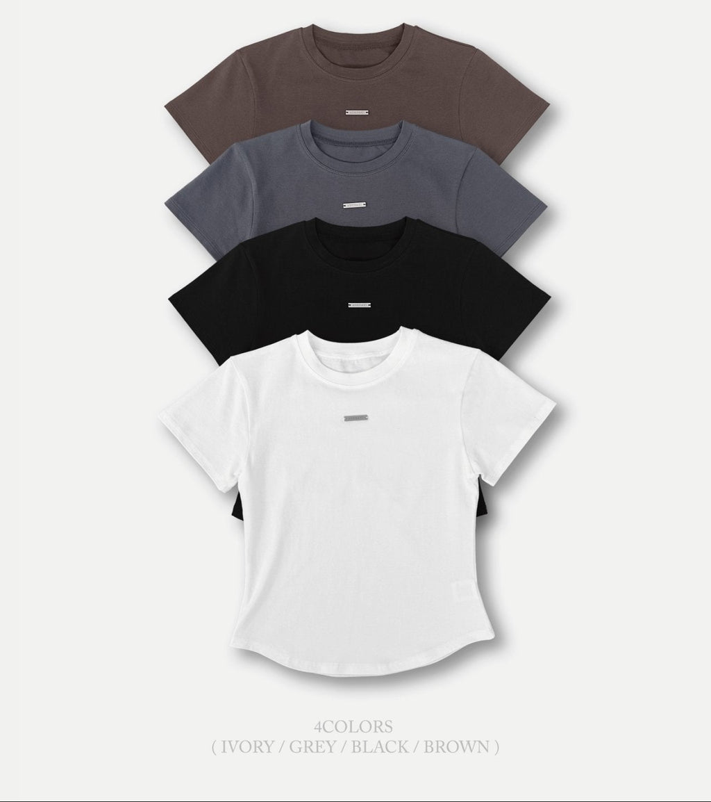 (2Pack) ASKHAKI Metal Plate Logo Slim Cropped Tee