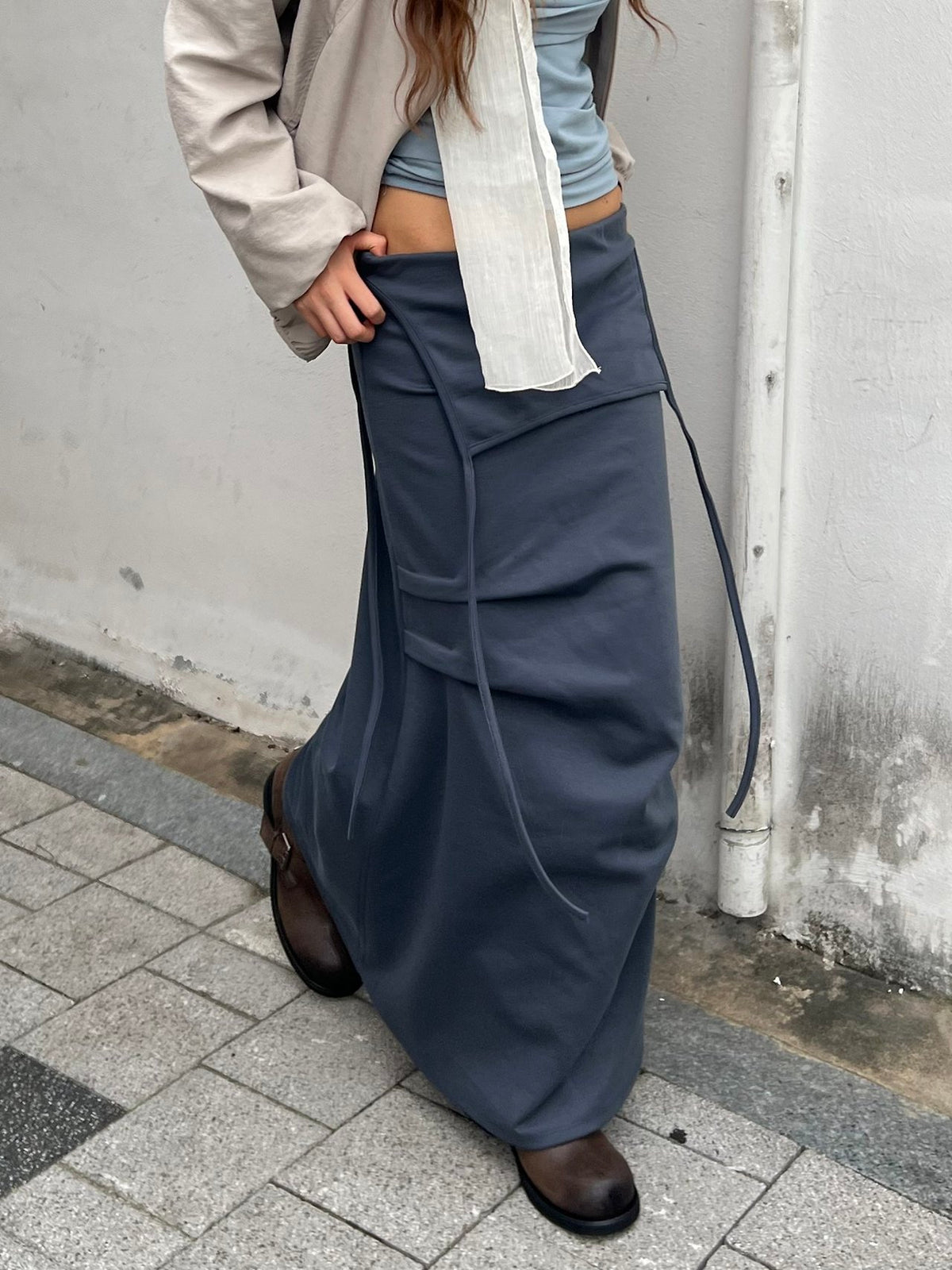 Drawstring Waist Maxi Cargo Pocket Apron Skirt