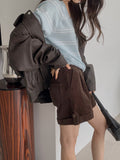 High Waist Pleated Roll-Up Corduroy Shorts
