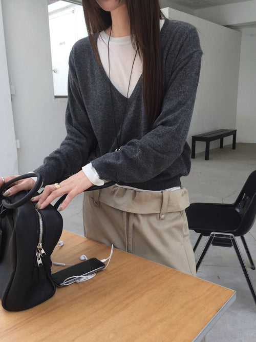 Nweol Deep V-Neck Long Sleeve Knit Top