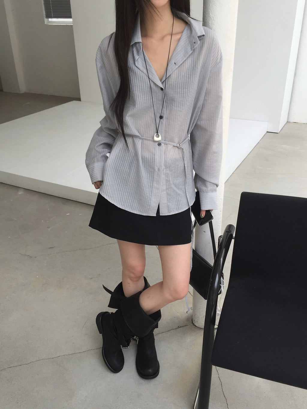 Stripe Texture Button-Down Shirt with Drawstring Waist
