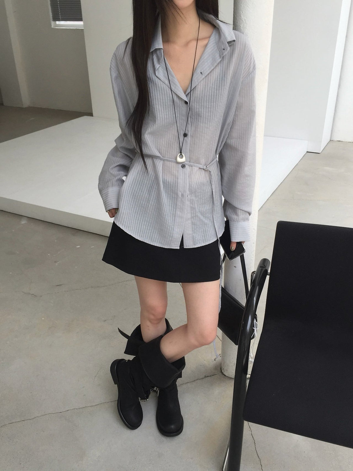 Stripe Texture Button-Down Shirt with Drawstring Waist