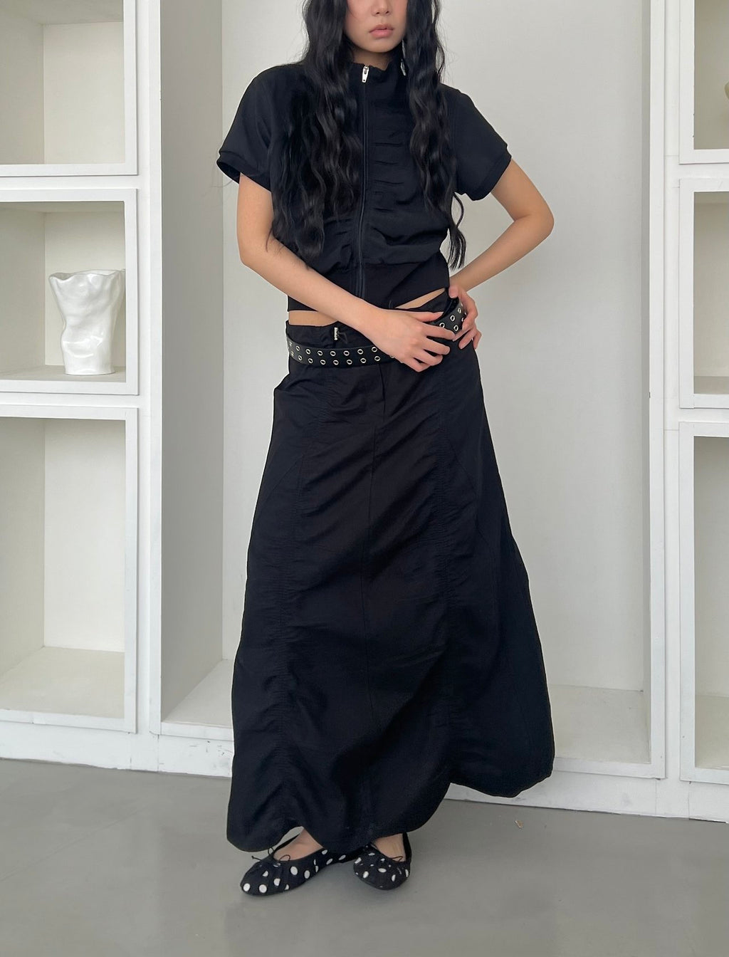 ASKHAKI Gathered Side Balloon Hem Long Skirt