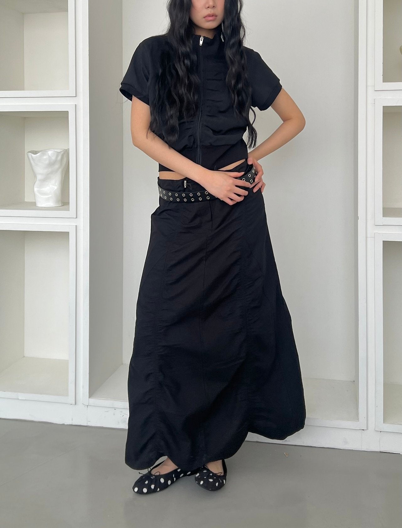 ASKHAKI Gathered Side Balloon Hem Long Skirt