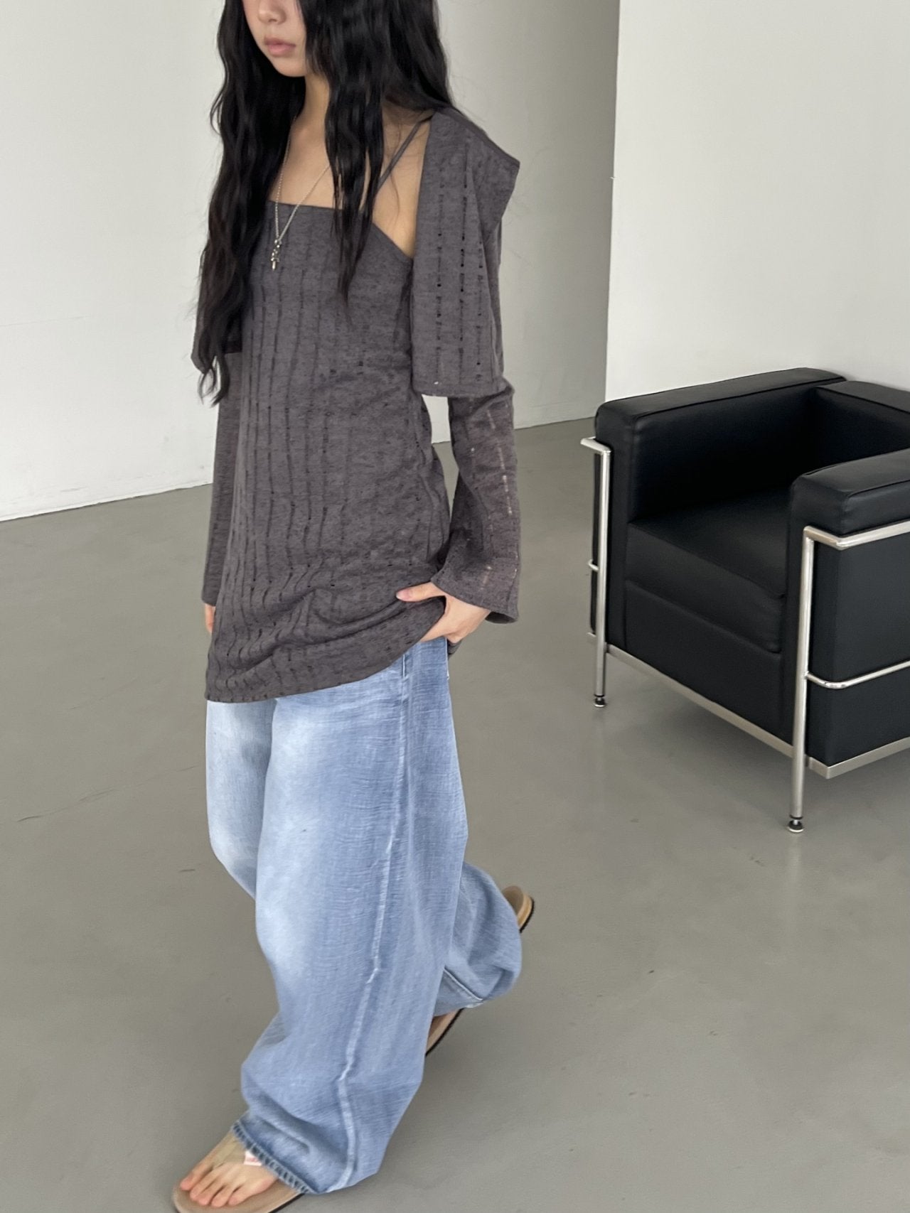 ASKHAKI Hole Knit Open-Front Cardigan & Square Neck Mini Dress Set