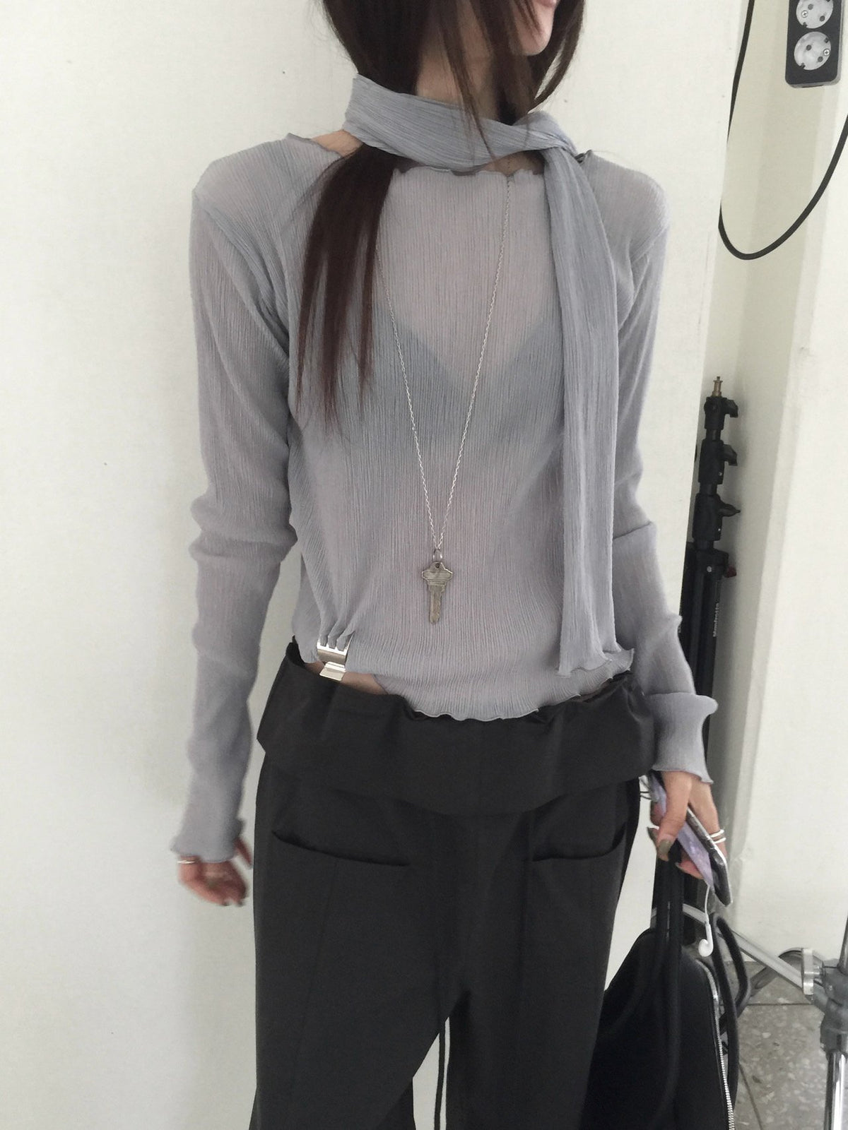 Pleated Long Sleeve Top with Scarf Set