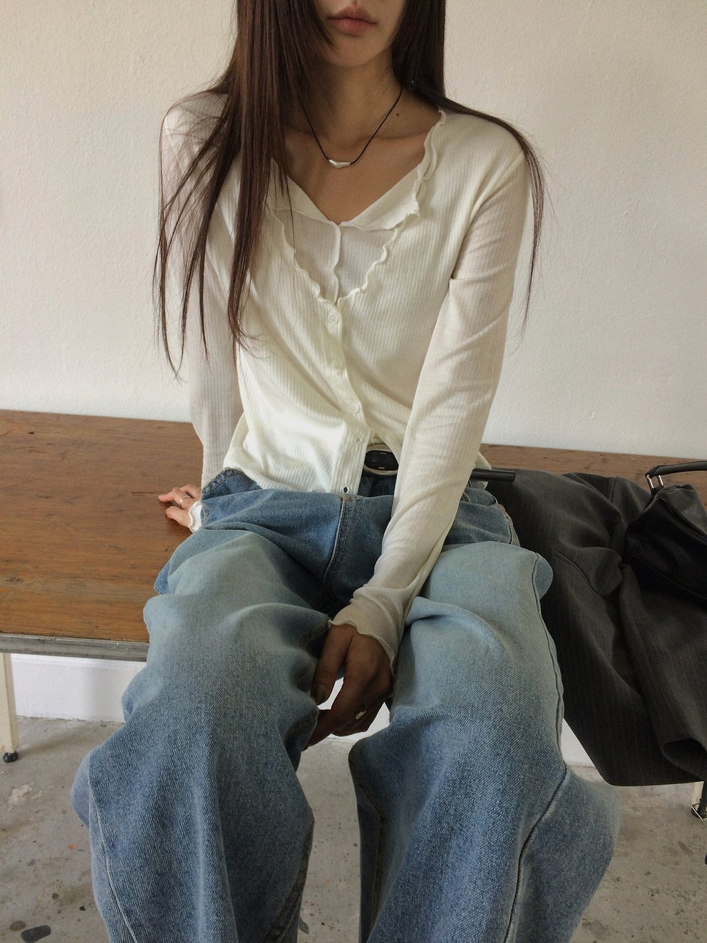 Wave Hem Ribbed Button-Front Long Sleeve Top