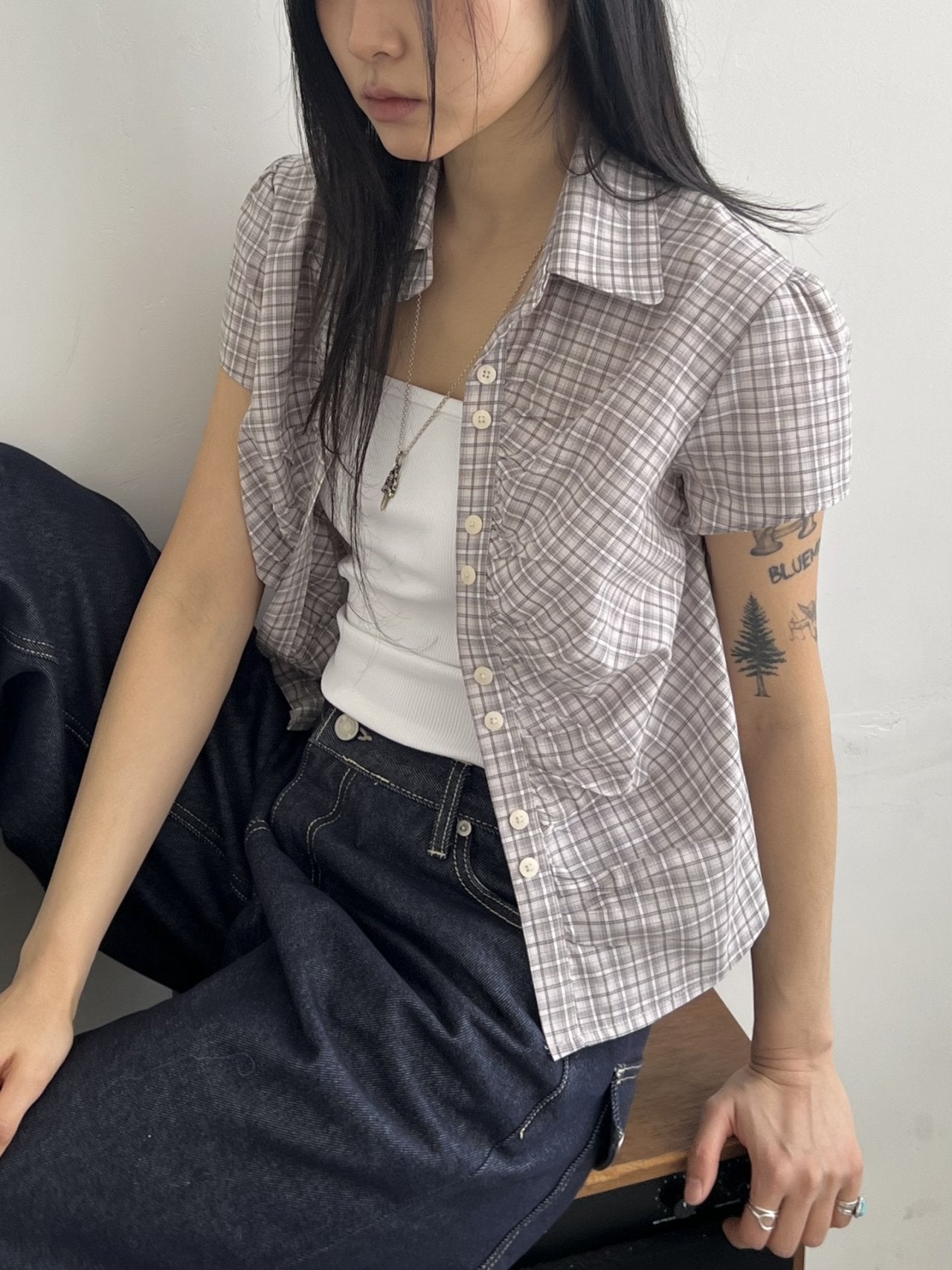 ASKHAKI Check Shirring Puff Sleeve Cropped Button Shirt