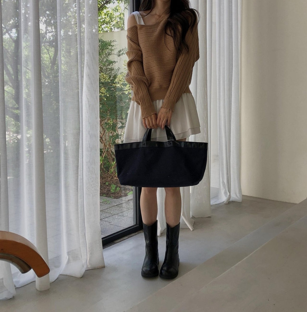 Oversized Wide Boat Neck Cropped Rib Knit Top