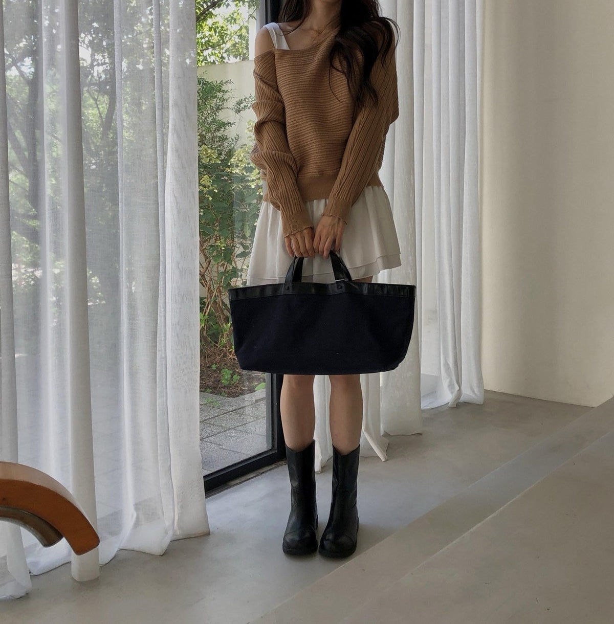 Oversized Wide Boat Neck Cropped Rib Knit Top