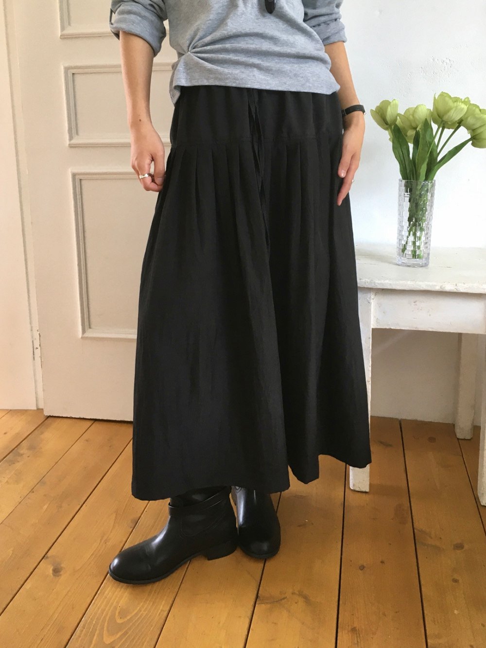 Pleated Midi Skirt with Drawstring Elastic Waist