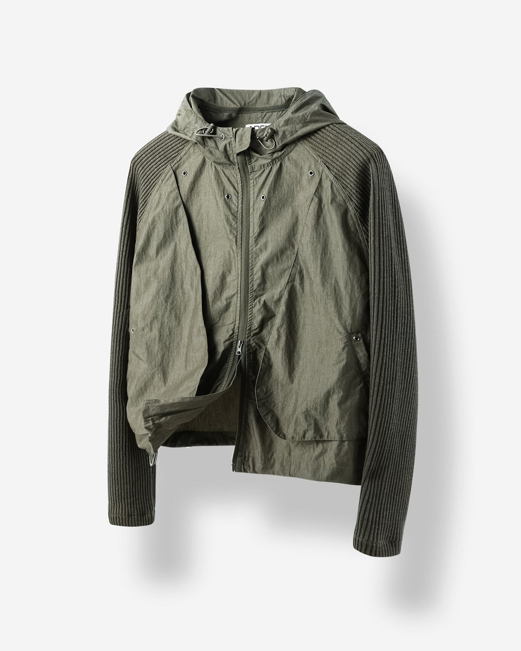 Hooded Windbreaker Jacket with Ribbed Knit Sleeves