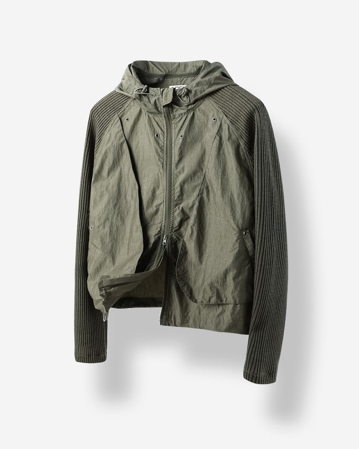 Hooded Windbreaker Jacket with Ribbed Knit Sleeves