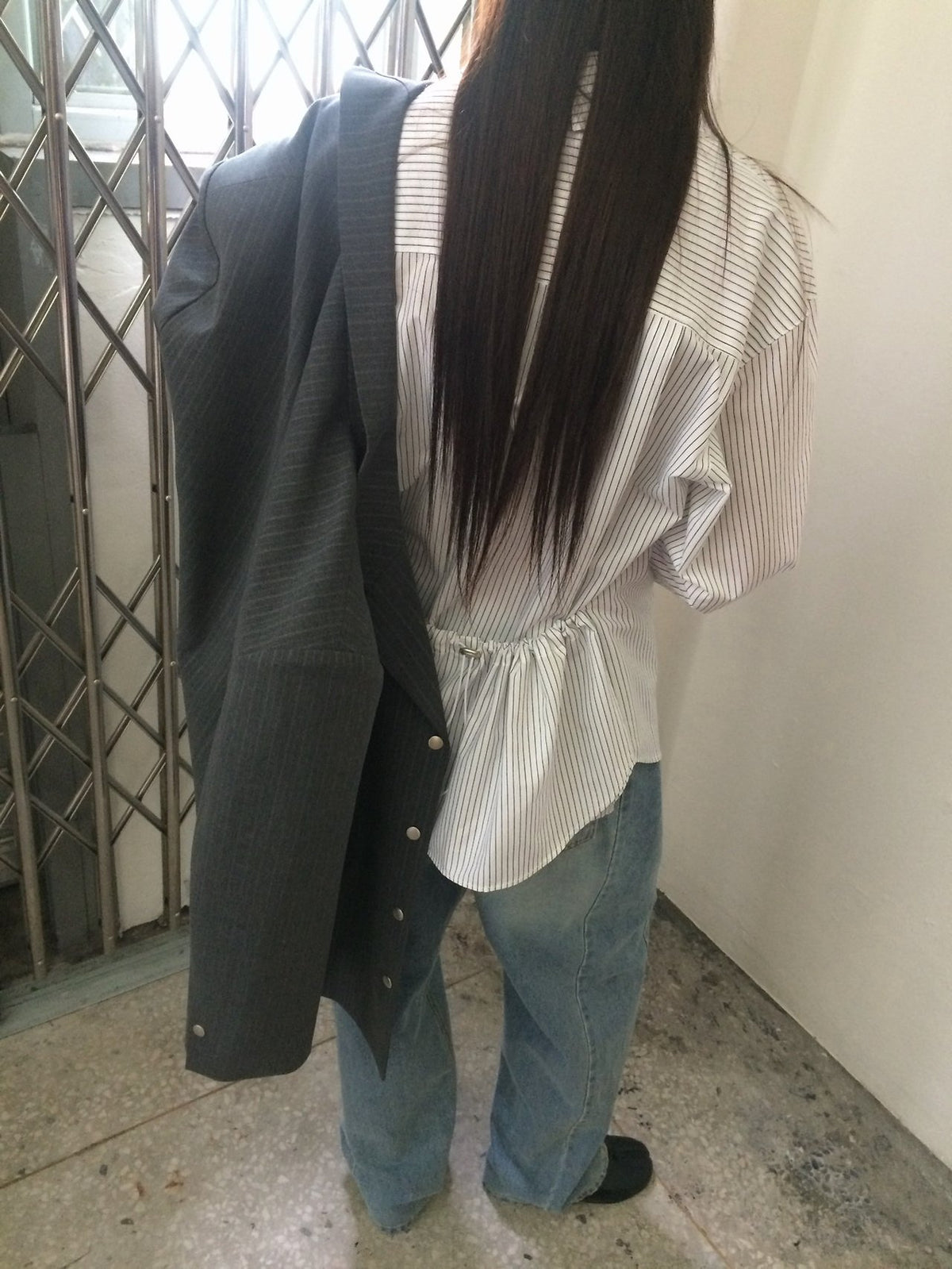 Stripe Overfit Shirt with Back Drawstring Detail