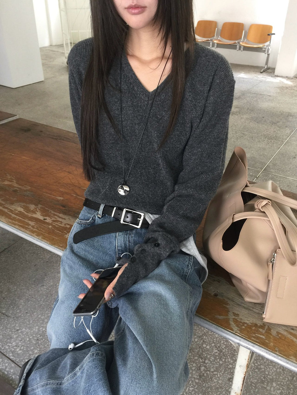 Nweol V-Neck Knit Sweater with Button Cuffs