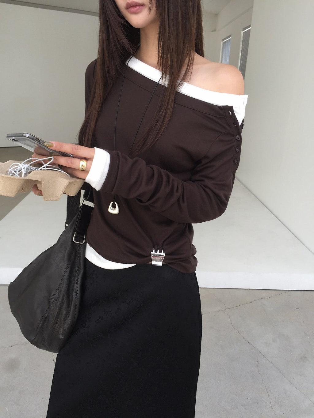 Off-Shoulder Button Long Sleeve Top