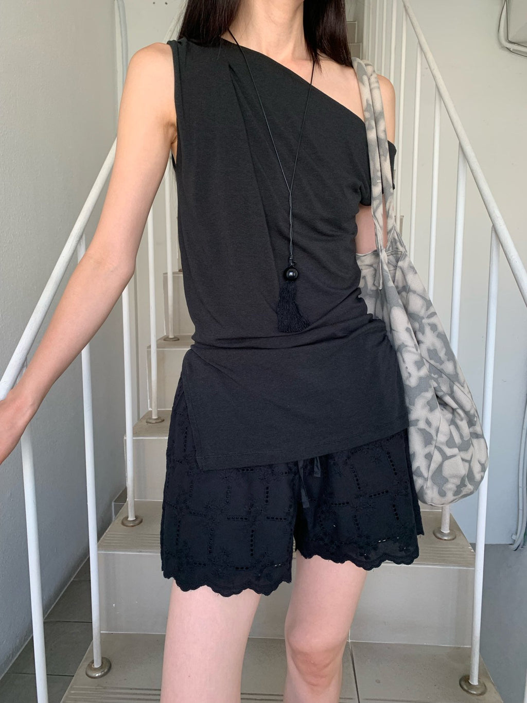 VAARA Eyelet Embroidery Scallop Hem Shorts with Drawstring Elastic Waist