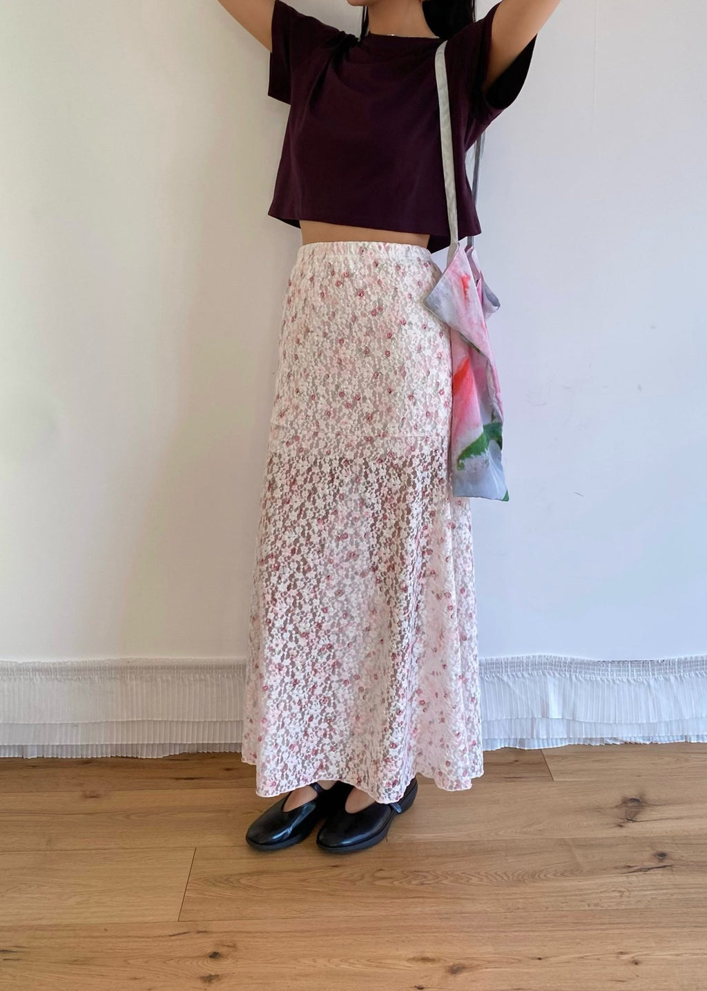OUPPT Floral Lace Elastic Waist Maxi Skirt with Flared Hem