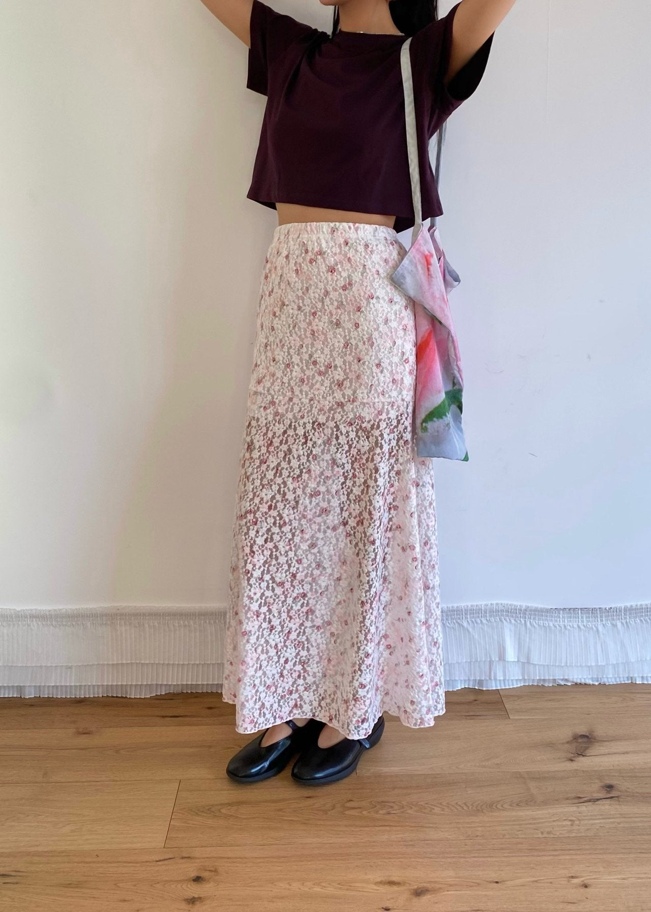OUPPT Floral Lace Elastic Waist Maxi Skirt with Flared Hem