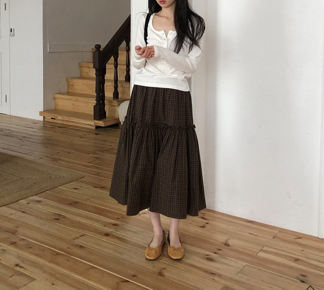 Tiered Midi Skirt with Check Pattern and Drawstring Waist