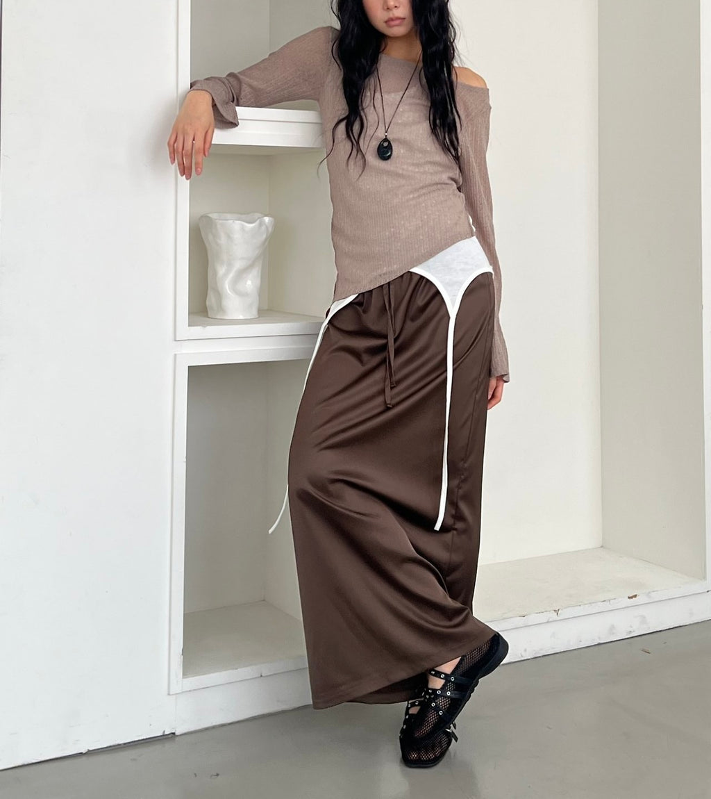 ASKHAKI Off-Shoulder Wide Neck Flare Cuff Asymmetric Hem Knit Top
