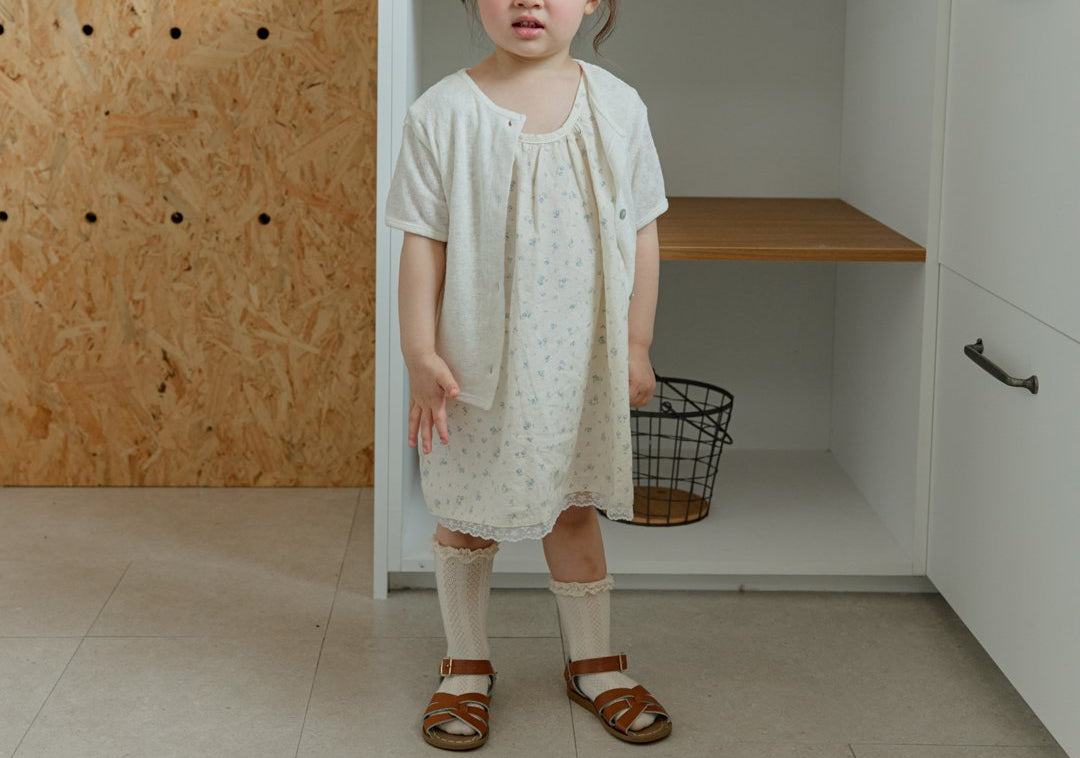 Onu Ditsy Floral Shirred Neck Dress with Lace Hem (+Optional Knit Cardigan)— Kids