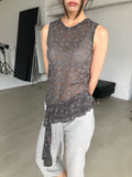 NueFlash Floral Lace Asymmetric Ruffle Hem Sleeveless Top