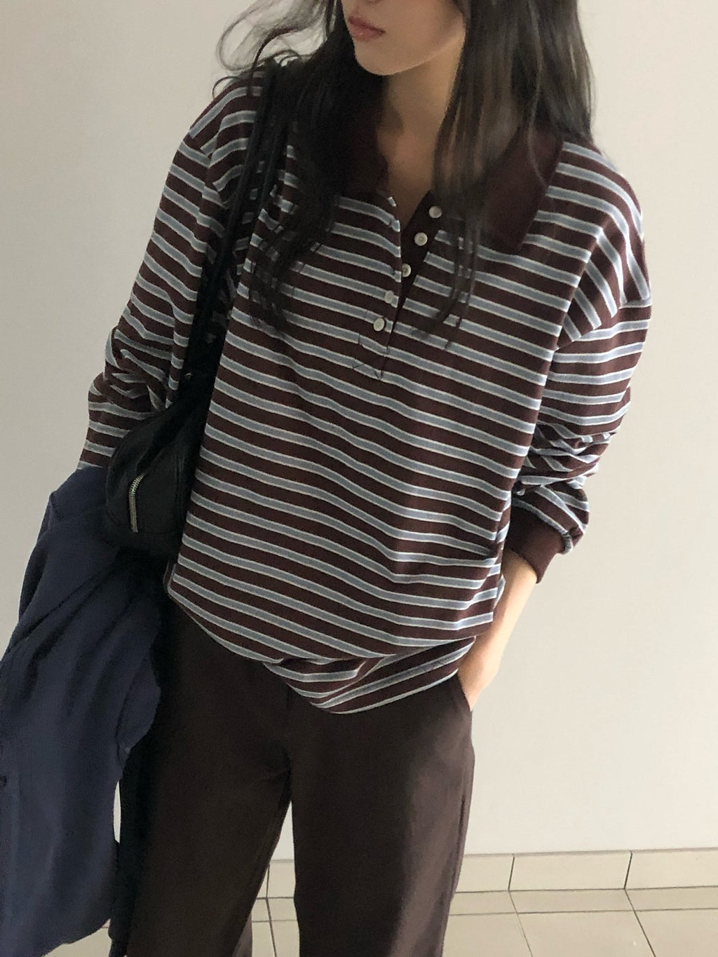 Striped Polo Collar Long Sleeve Tee with Side Slits