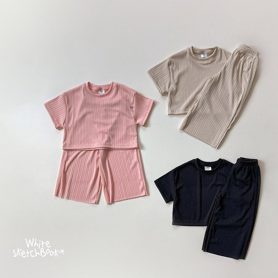 (2pack) Whitsketchbook Pleated Texture Crew Neck Top & Wide-Leg Pants Set — Kids